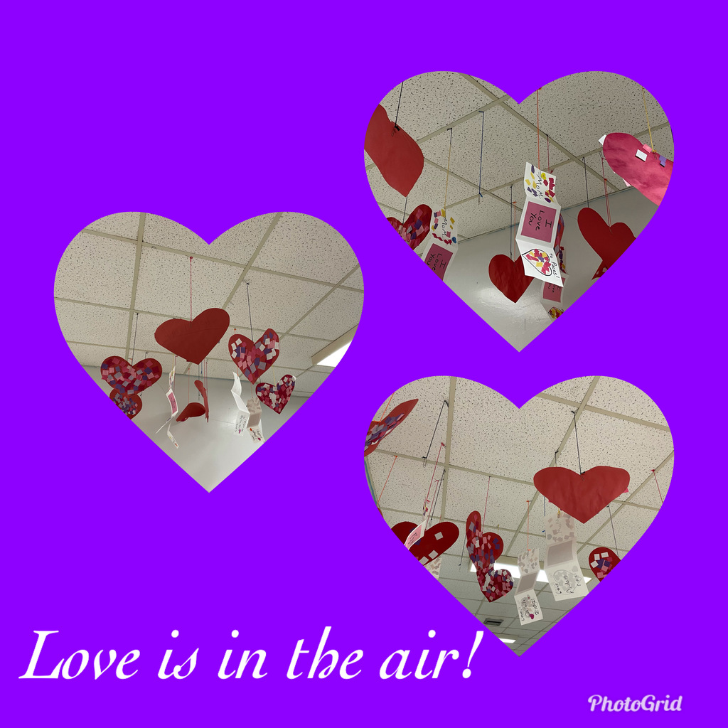 Hearts hanging from the ceiling for Valentine's Day. Love is in the air!!