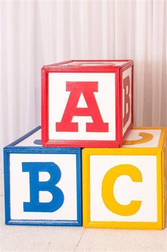 3 wooden blocks: red A, blue B, yellow C