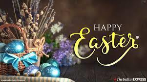 Happ Easter picture with an Easter basket with blue eggs and flowers in the background